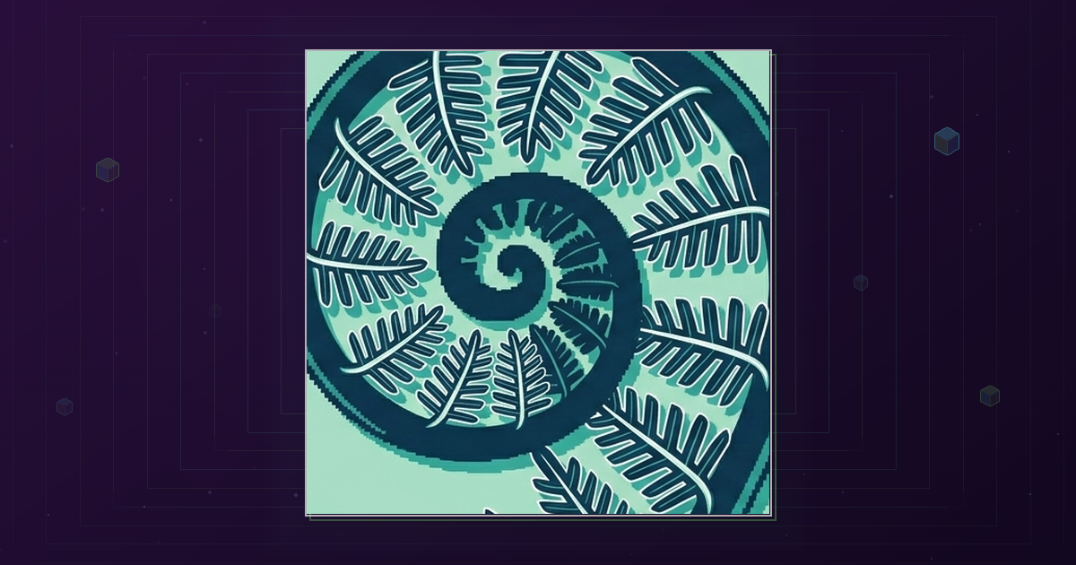 Botanical illustration of a fern spiral on a dark corridor background